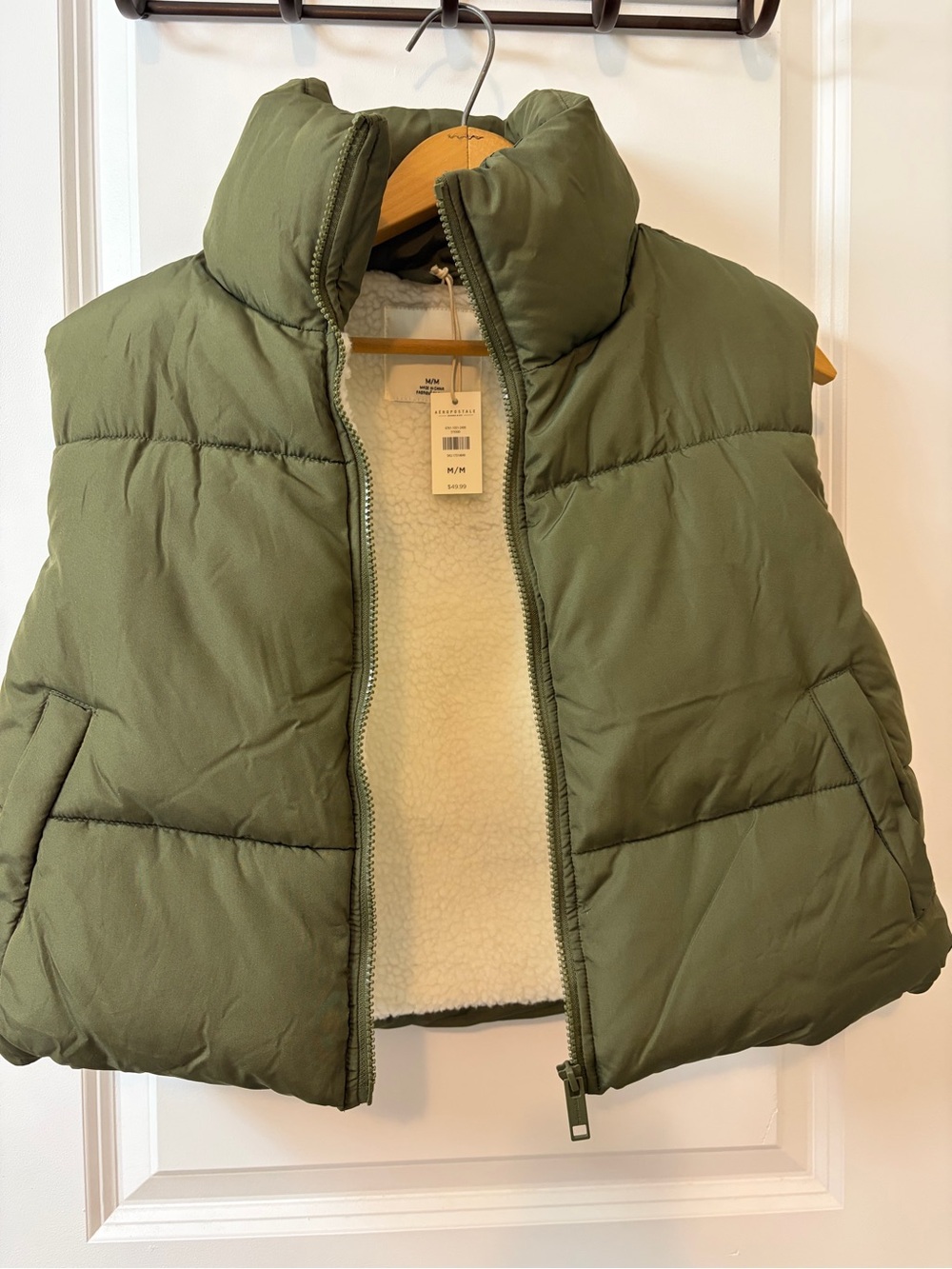Kids Quilted Puffer Vest with Sherpa Lining - Olive